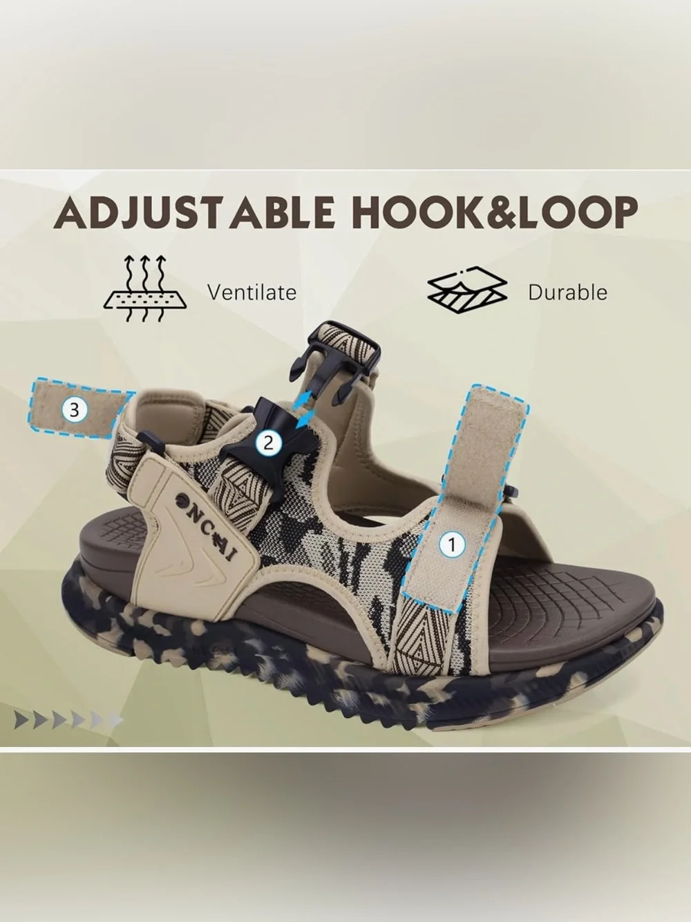 ONCAI Arch Support Adjustable Straps Men's Hiking Walking Sandals size 15